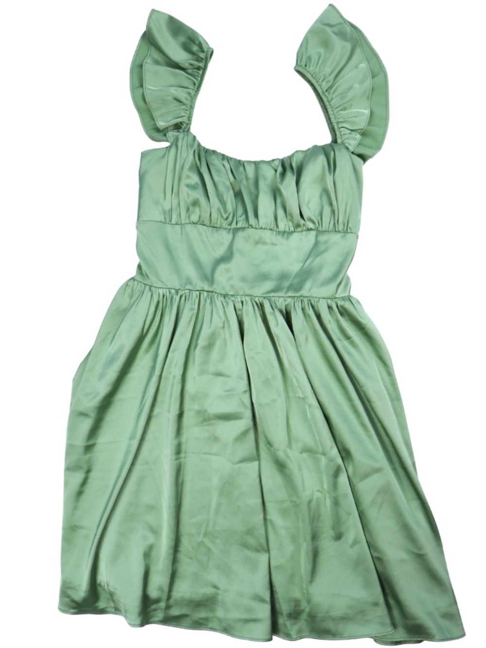 Storia Sage Green Satin Ruffle Sleeve Mini Dress Size Small